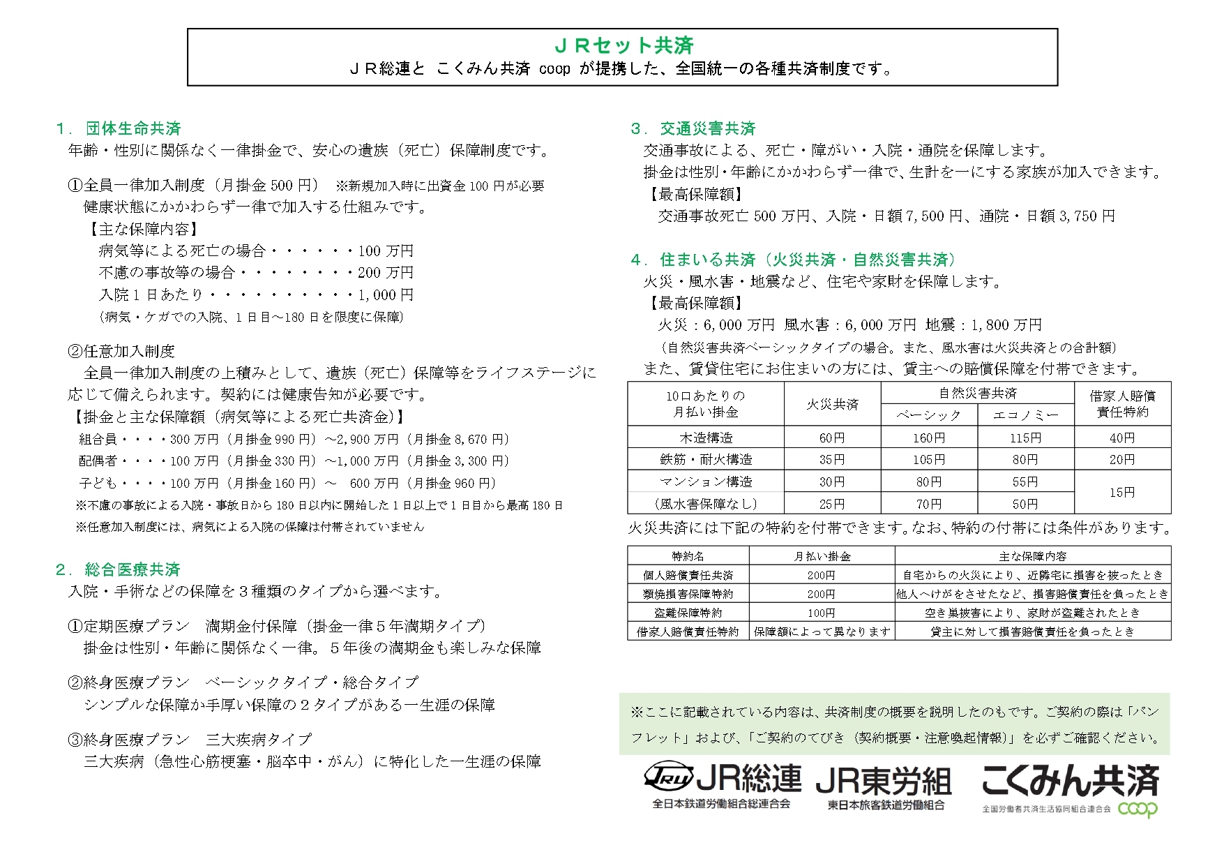 JRセット共済給付一覧表